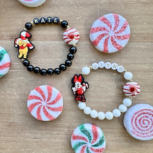 LIMITED EDITION Christmas Minnie Mouse Personalized Name Bracelets, Winnie the Pooh Christmas Personalized Name Bracelets, Candy Cane