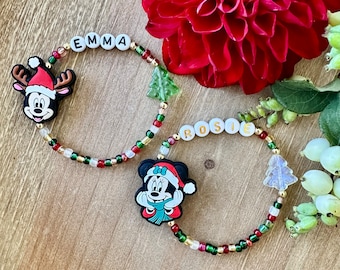 LIMITED EDITION Reindeer Mickey and Cozy Minnie Mouse Personalized Holiday Name Bracelet, Christmas Name Bracelet, Present
