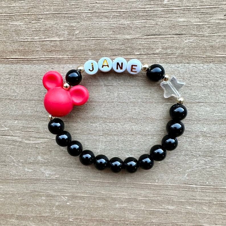 Mickey Mouse Personalized Bracelet, Name Bracelet, Personalized Beaded Name Bracelet, Disney Bracelet, Disneyland Bracelet Red/Black