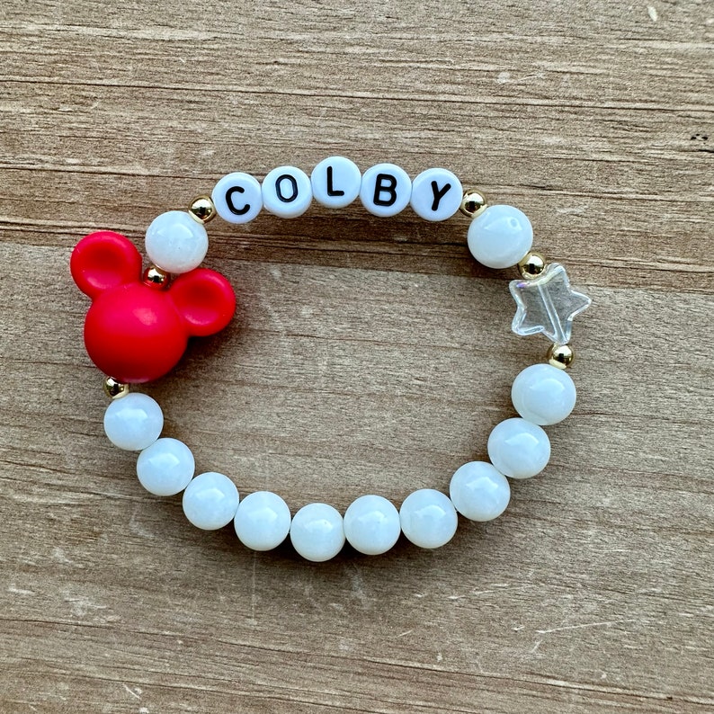 Mickey Mouse Personalized Bracelet, Name Bracelet, Personalized Beaded Name Bracelet, Disney Bracelet, Disneyland Bracelet Red/White