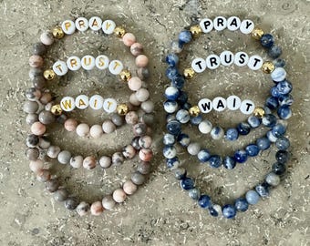 Pray Trust Wait Sodalite Beaded Bracelet Set, Confirmation Gift