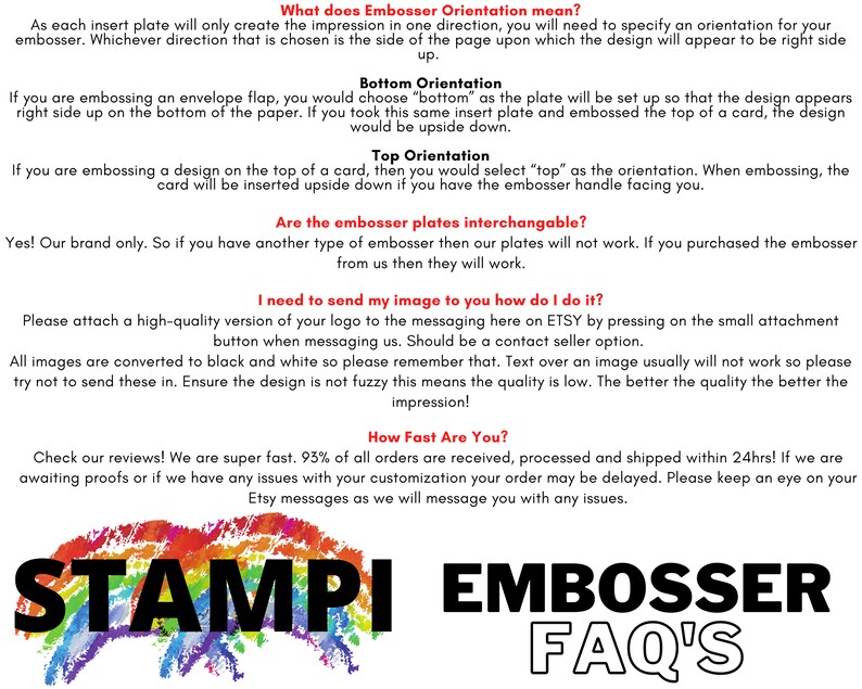 Puede incluir: Un gr&aacute;fico de colores arco&iacute;ris con el texto "STAMPI EMBOSSER FAQ'S" en negro. El texto est&aacute; en negrita, sin serifas. El gr&aacute;fico est&aacute; sobre un fondo blanco.