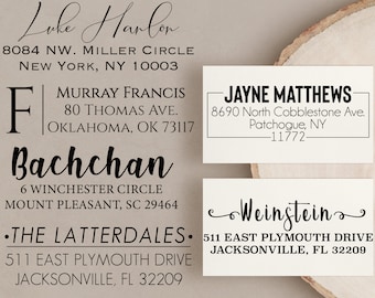 May include: A collection of return address labels with different names and addresses. The labels are printed on white paper with black ink. The labels include the names Luke Harlon, Murray Francis, Jayne Matthews, Bachchan, and Weinstein.