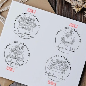 May include: Four black and white illustrations of book stacks with flowers and butterflies. Each illustration is surrounded by a circle with the text "From the Library of" and the name of the owner. The text "FLRW-1", "FLRW-2", "FLRW-3", and "FLRW-4" are printed below each illustration.