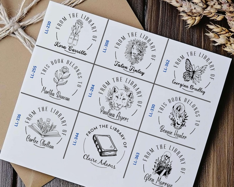 May include: Nine white square labels with black borders and black illustrations. Each label has a unique design and text. The text includes "From the Library of" and a name. The labels are numbered LL-230, LL-255, LL-284, LL-308, LL-330, LL-336, LL-344, LL-362, and LL-363.