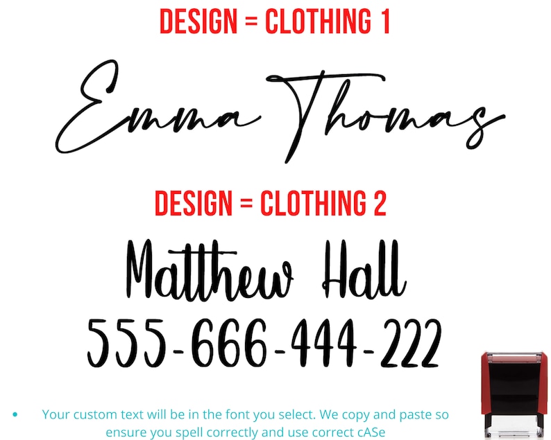 May include: Two examples of custom clothing designs. The first design is a black and white signature that reads "Emma Thomas". The second design is a black and white signature that reads "Matthew Hall" with a phone number below it: 555-666-444-222.