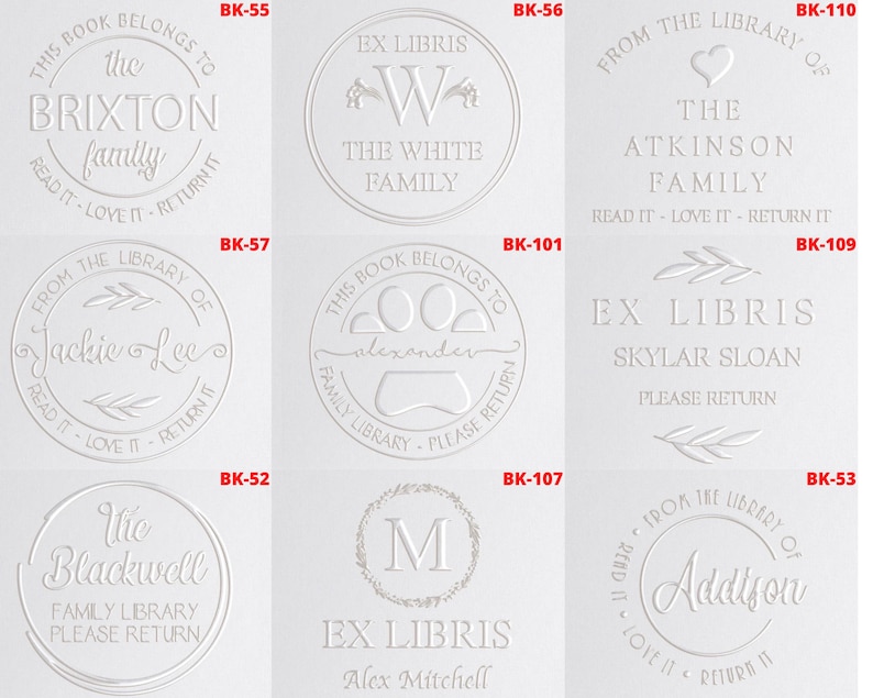 May include: Ten white rubber stamps with different designs and text. The stamps are for bookplates and feature text such as "The Brixton Family", "The White Family", "The Atkinson Family", "Jackie Lee", "Alexander", "Skylar Sloan", "The Blackwell Family", "Alex Mitchell", and "Addison".