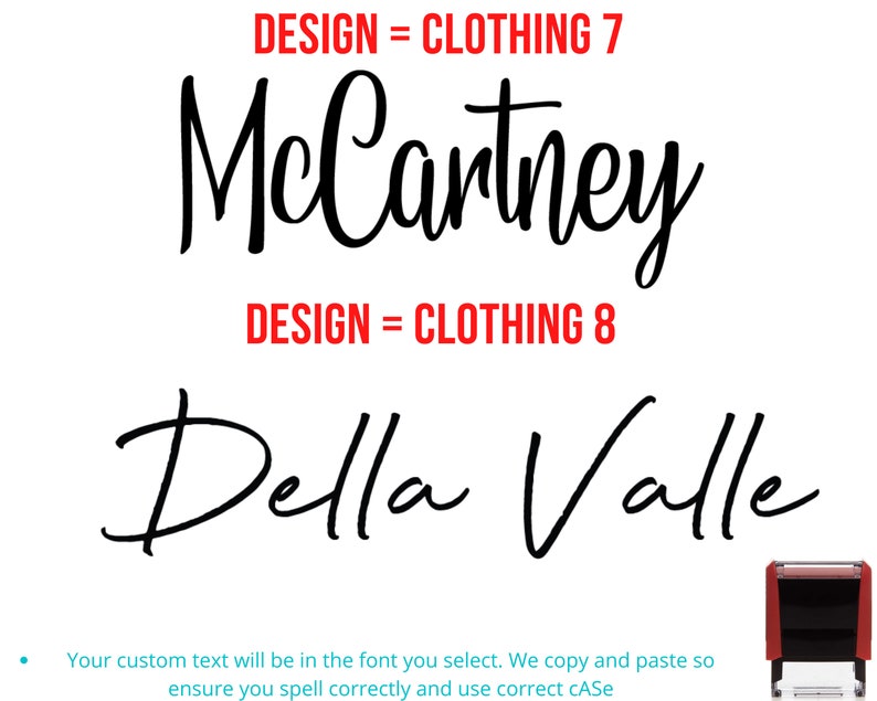 May include: Two font designs for a custom stamp. The first design is "McCartney" in a script font. The second design is "Della Valle" in a script font. The text "DESIGN = CLOTHING 7" and "DESIGN = CLOTHING 8" are above each design.