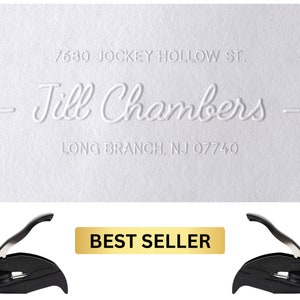 May include: A white embossed card with the text "7680 JOCKEY HOLLOW ST." and "Jill Chambers, LONG BRANCH, NJ 07740." Two black and silver seal presses are at the bottom, with a "BEST SELLER" banner.