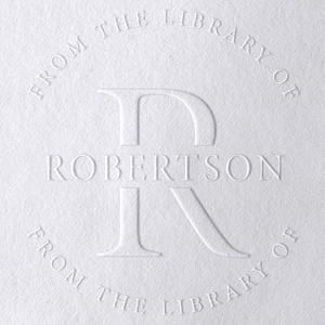 May include: White embossed stamp with the text "From the Library of Robertson" in a circle around a stylized letter "R".