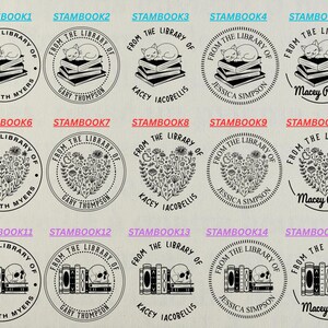 May include: A set of 15 black and white rubber stamps featuring different book-themed designs. The stamps are circular and feature text that reads "From the Library of" followed by a name. The designs include a cat sleeping on a stack of books, a heart surrounded by flowers, and a skull with a stack of books.