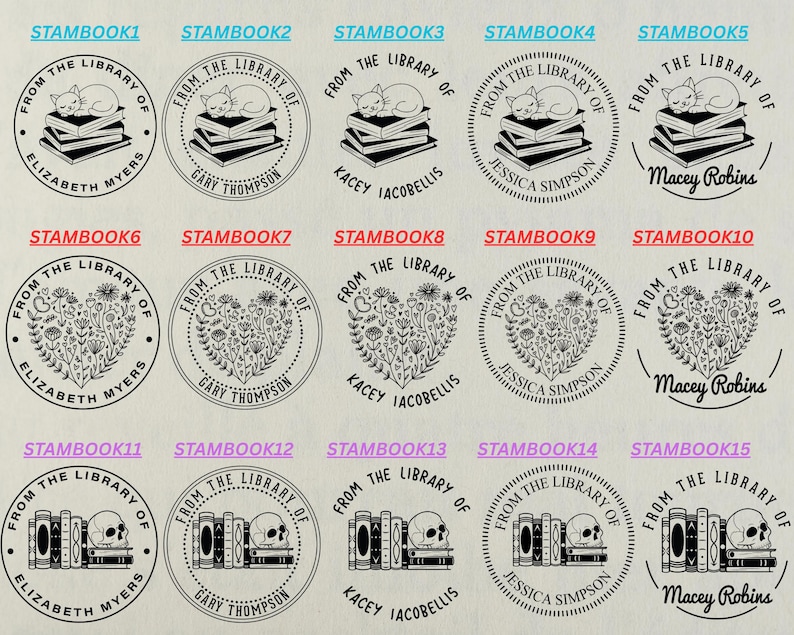 May include: A set of 15 black and white rubber stamps featuring different book-themed designs. The stamps are circular and feature text that reads "From the Library of" followed by a name. The designs include a cat sleeping on a stack of books, a heart surrounded by flowers, and a skull with a stack of books.