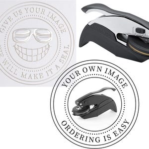 May include: An assortment of items related to custom seals. One image shows a white embossed design with text: "GIVE US YOUR IMAGE, WE WILL MAKE IT A SEAL." Another image shows a black and silver seal press. A third image shows a seal press with the text: "YOUR OWN IMAGE, ORDERING IS EASY."