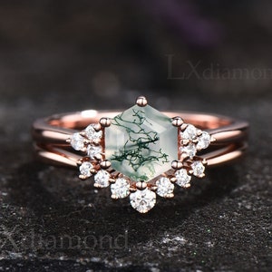 Moss agate ring rose gold sterling silver unique Hexagon cut Moss agate engagement ring set minimalist moissanite wedding bridal ring set