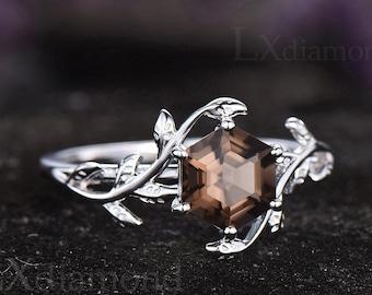 Hexagon cut smoky quartz ring sterling silver vintage solitaire smoky quartz engagement ring leaf unique nature inspired engagement ring