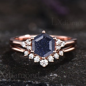 Blue sandstone ring rose gold sterling silver unique Hexagon cut blue sandstone engagement ring set minimalist moissanite bridal ring set