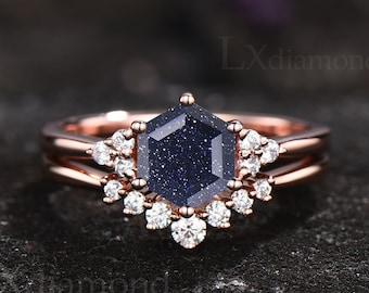 Blue sandstone ring rose gold sterling silver unique Hexagon cut blue sandstone engagement ring set minimalist moissanite bridal ring set