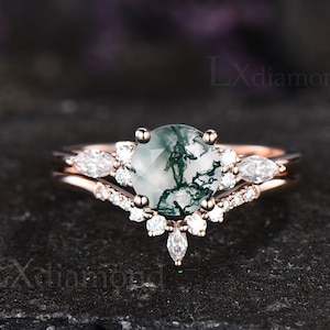 Green moss agate ring vintage moss agate engagement ring set 14k rose gold marquise cut moissanite ring set bridal wedding ring set women