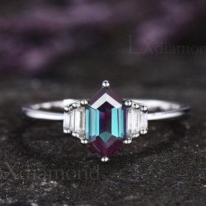 Alexandrite wedding ring Long hexagon cut Alexandrite engagement ring five stone white gold baguette cut ring moissanite promise ring silver