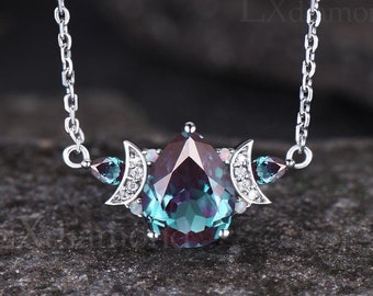 Minimalist Pear Cut Alexandrite Necklace Delicate Moissanite Opal Cluster Moon Pendant Art Deco 925 Sterling Silver June Birthstone Pendant