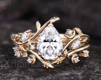 Conjunto de anillos de boda de oro amarillo de 14k con diamante sintético talla pera de 6*8 mm, diseño de hojas y luna, inspirado en la naturaleza, estilo art déco.