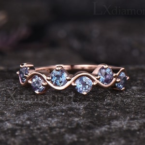 Delicate Round Cut Alexandrite Wedding Band Unique 14k Rose Gold June Birthstone Ring Dainty 6 Stone Curved Ring Anniversary Ring For Women