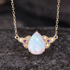 Dainty Pear Cut October Birthstone Opal Necklace Unique Amethyst Emerald Alexandrite Blue Sapphire Ruby Pink Tourmaline Yellow Gold Pendant