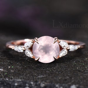 Unique Rose quartz engagement ring round cut rose quartz ring women pink stone ring 925 sterling silver rose gold plated vintage ring gift