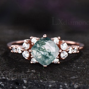 Moss agate ring vintage cushion cut moss agate engagement ring unique cluster alternative engagement ring rose gold moissanite promise ring