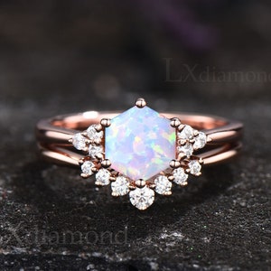 White opal ring rose gold sterling silver unique Hexagon cut opal engagement ring set minimalist moissanite wedding bridal ring set women