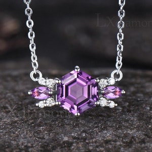 Minimalist Hexagon Cut Natural Amethyst Necklace Unique Round Moissanite Cluster Pendant Dainty February Birthstone Purple Crystal Necklace