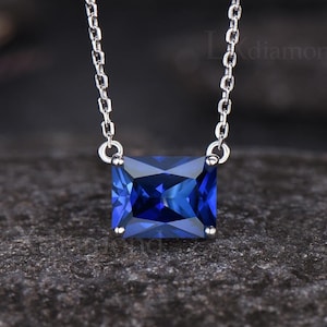 Unique Emerald Cut Blue Sapphire Solitaire Necklace Delicate East To West Anniversary Pendant 14k White Gold September Birthstone Necklace