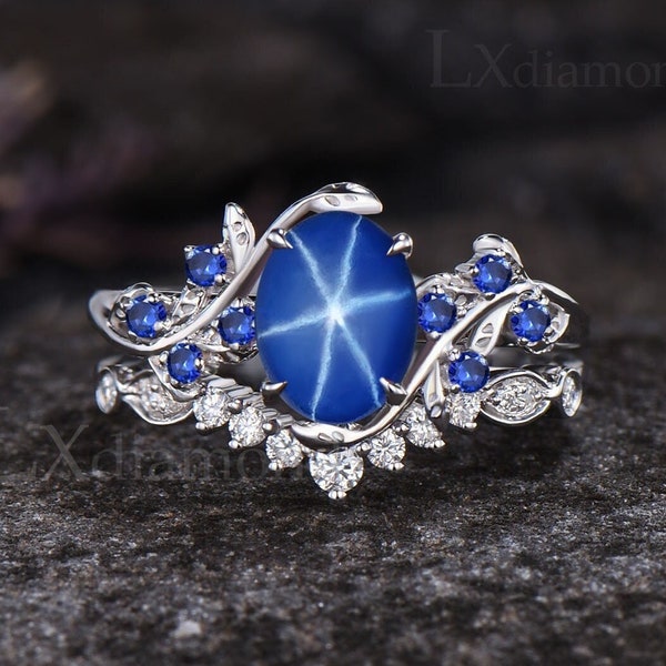 Vintage Oval Cut Star Blue Sapphire Engagement Ring Set Unique September Birthstone Blue Sapphire Ring Art Deco Leaf Nature Inspired Ring