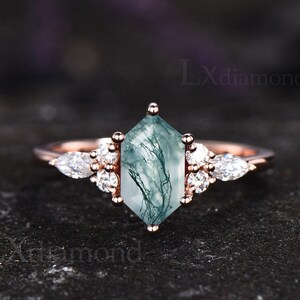 Long hexagon cut moss agate ring gold unique green moss agate engagement ring art deco diamond wedding ring dainty ring moissanite ring gift