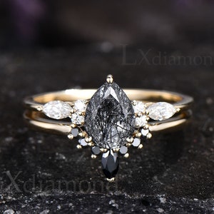 Vintage pear shaped black rutilated quartz engagement ring set 14k gold unique engagement ring black diamond ring set wedding ring set women