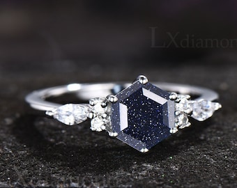 Blue sandstone ring 925 sterling silver ring 6 prong Hexagon cut Blue sandstone engagement ring women dainty unique anniversary ring gifts