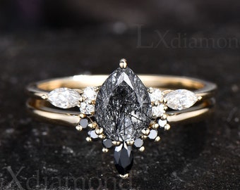 Vintage pear shaped black rutilated quartz engagement ring set 14k gold unique engagement ring black diamond ring set wedding ring set women