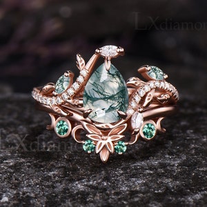 Vintage Pear Cut Natural Green Moss Agate Engagement Ring Set Unique 14k Rose Gold Emerald Leaf Nature Inspired Moon 2pcs Bridal Ring Set