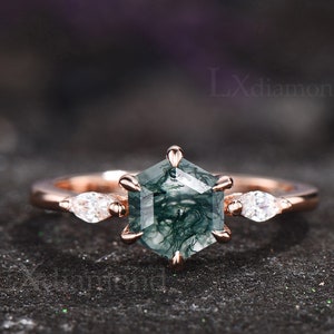 Hexagon cut moss agate ring 925 sterling silver ring Dark moss agate engagement ring 6 prong three stone Simulated diamond anniversary gift