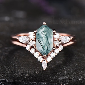 Long hexagon green moss agate ring rose gold vintage unique engagement ring set marquise cut diamond ring set bridal wedding ring set women