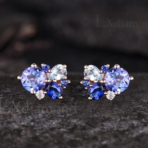 Dainty Round Cut Natural Tanzanite Stud Earrings Unique 14k Rose Gold Blue Sapphire Aquamarine Cluster Earrings December Birthstone Earrings