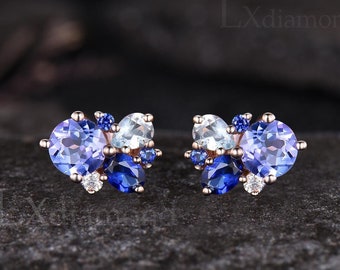 Dainty Round Cut Natural Tanzanite Stud Earrings Unique 14k Rose Gold Blue Sapphire Aquamarine Cluster Earrings December Birthstone Earrings