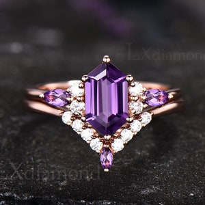 Long hexagon cut purple Amethyst ring dainty unique engagement ring set 14k rose gold marquise Amethyst ring women wedding bridal ring set