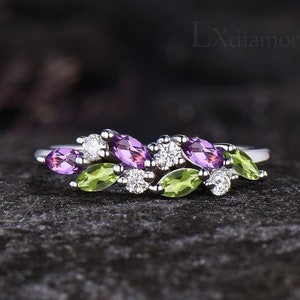 Minimalist Marquise Cut Natural Amethyst Wedding Band Dainty Natural Peridot Cluster Ring Art Deco 14k White Gold Anniversary Gift For Women