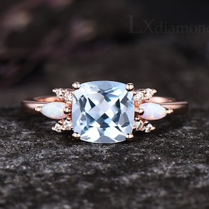 Dainty 7mm Cushion Cut Natural Aquamarine Engagement Ring Unique 14k Rose Gold Opal Cluster Ring Art Deco Bridal Birthday Gift For Women