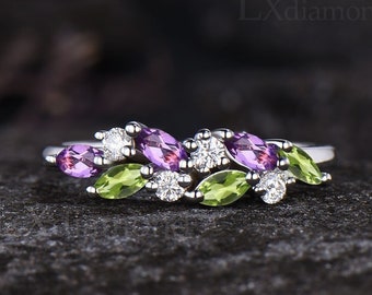 Minimalist Marquise Cut Natural Amethyst Wedding Band Dainty Natural Peridot Cluster Ring Art Deco 14k White Gold Anniversary Gift For Women
