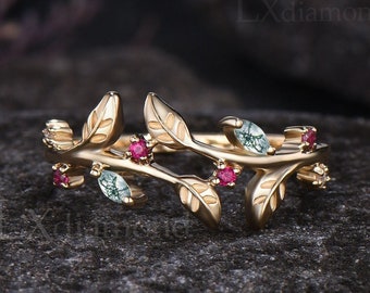 Delicate Marquise Cut Natural Green Moss Agate Wedding Band Dainty July Birthstone Ruby Leaf Nature Inspired Ring 14k Yellow Gold Ring Women