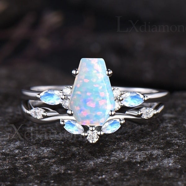 Coffin Shaped Opal Engagement Ring Set Unique Marquise Natural Moonstone Ring Art Deco 14k White Gold October Birthstone Bridal Ring Set