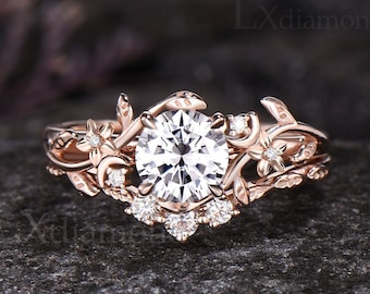 Art Deco Flower Ring Leaf Nature Inspired Engagement Ring Set 1ct Round Cut Diamond Moissanite 2pcs Bridal Ring Set 14k Rose Gold Moon Ring