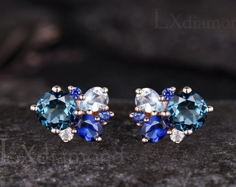 Art Deco Round Cut Natural London Blue Topaz Stud Earrings Unique Blue Sapphire Aquamarine Cluster Earrings 14k Rose Gold Pierced Earrings